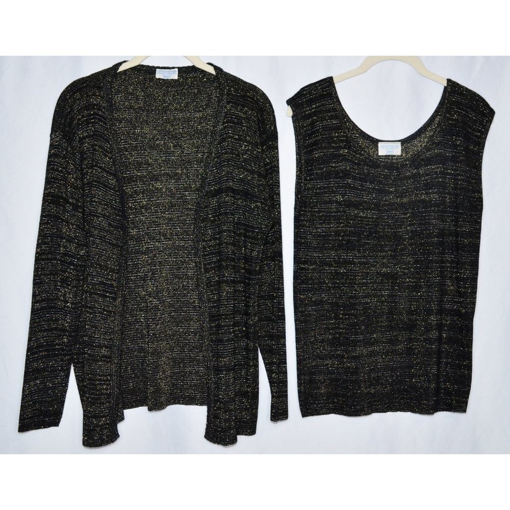 Vintage Sears Metallic Knit Cardigan Sweater Set Black/Gold/Silver Size L/XL